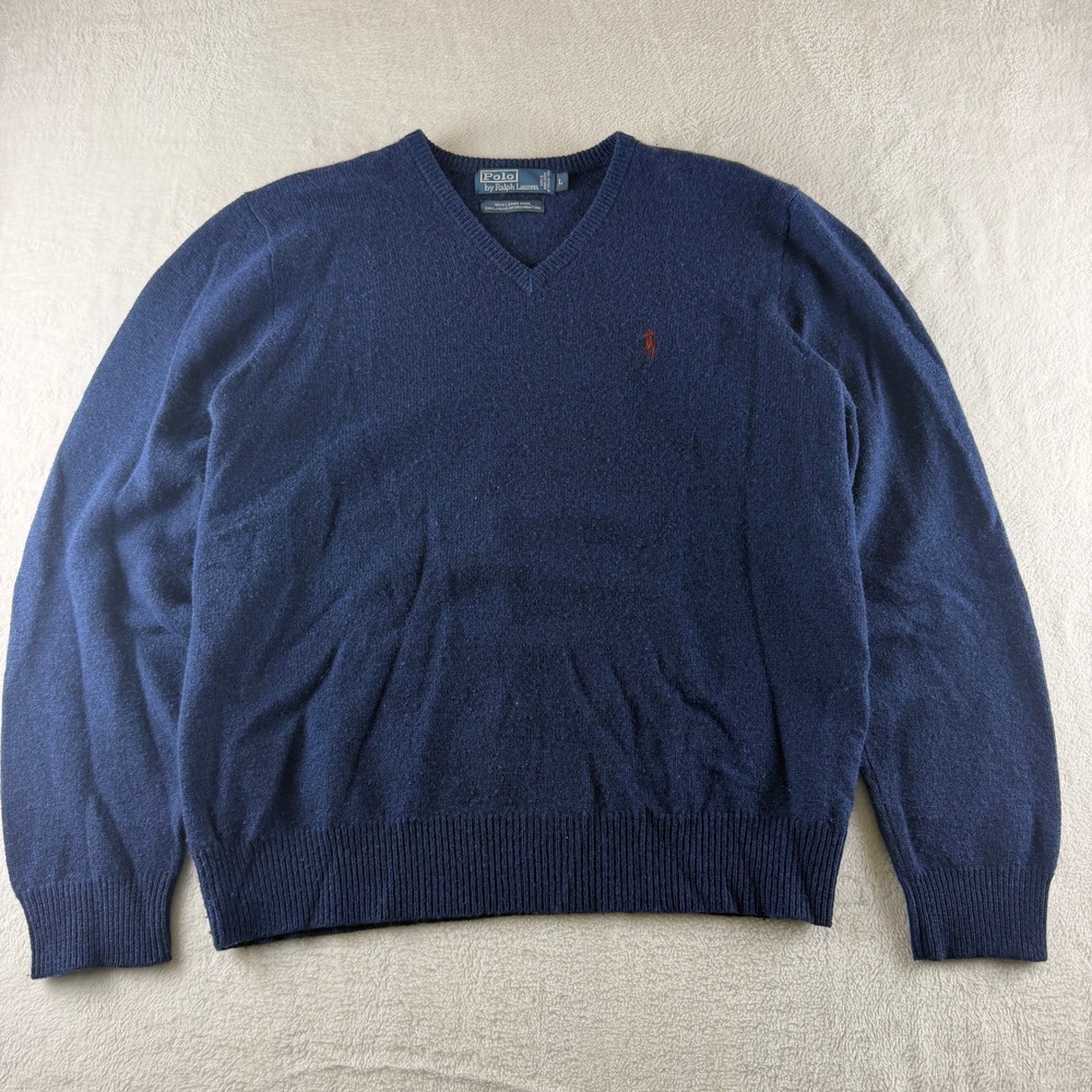 Polo Ralph Lauren V-Neck Sweater Lambswool Vintage Navy Blue Mens Large Classic